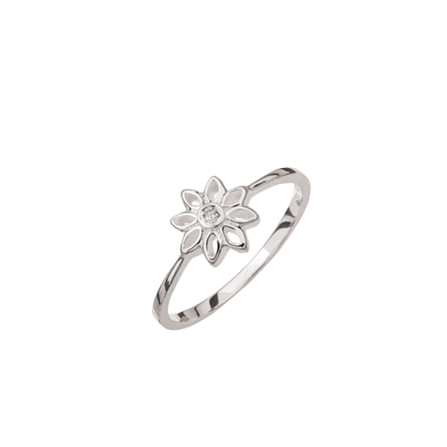 Sølv ring blomst med 8 blade  og syntetisk cubic zirconia i midten.