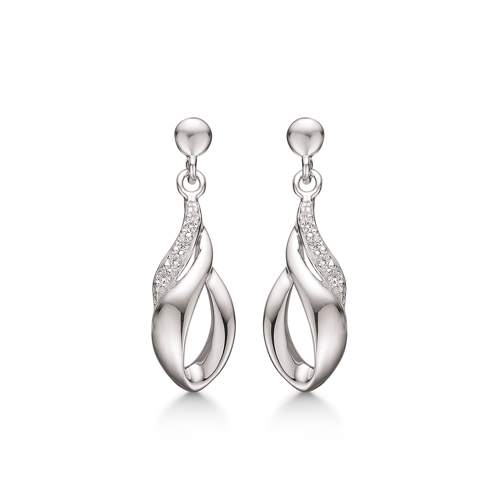 Sølv ørehænger rhodineret dråbe med cirkel med syntetisk cubic zirconia i siden.