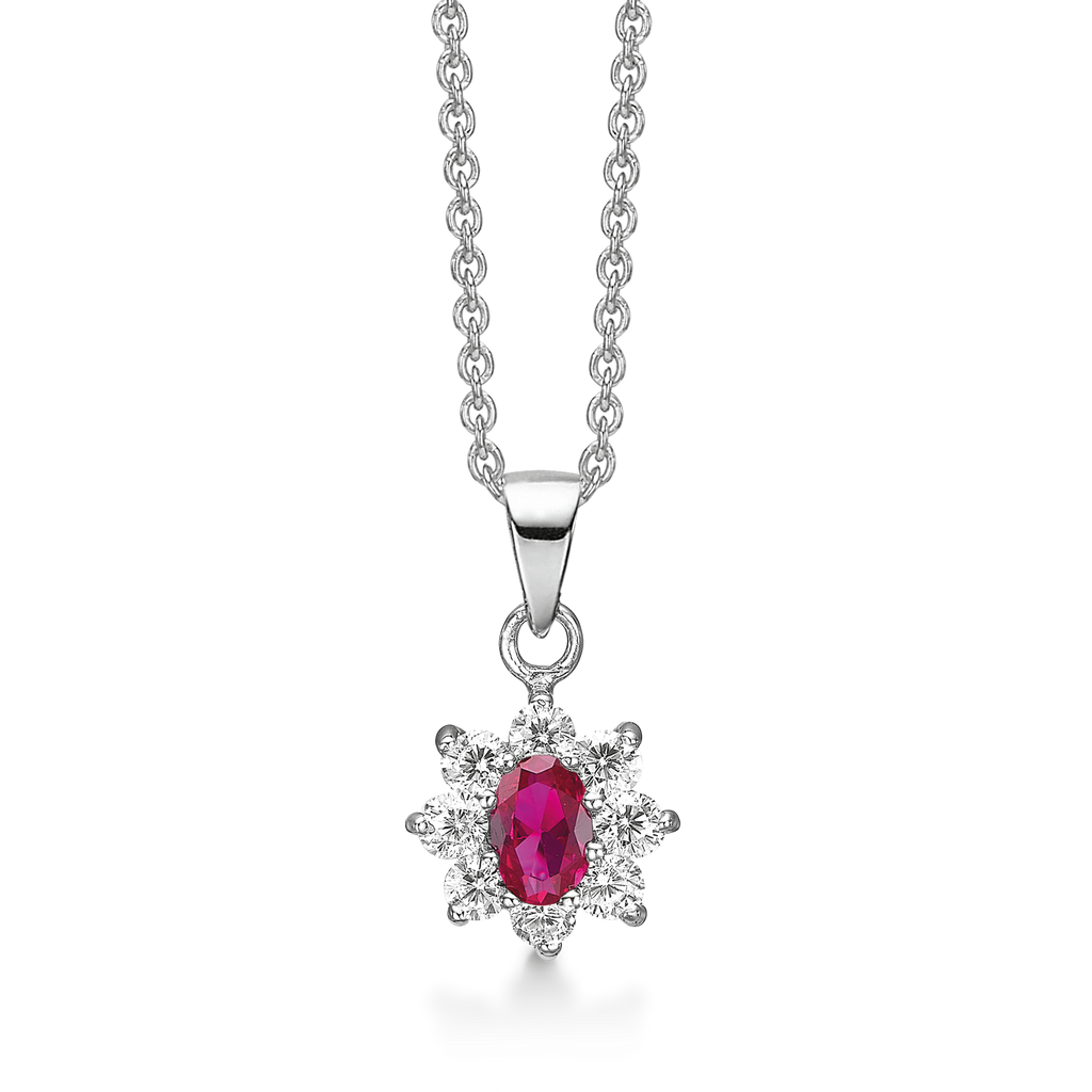 Sølv halskæde rhodineret oval syntetisk rubin med 8 syntetiske cubic zirconia omkring.  Kæden er rhodineret sølv i længde 42-45 cm.