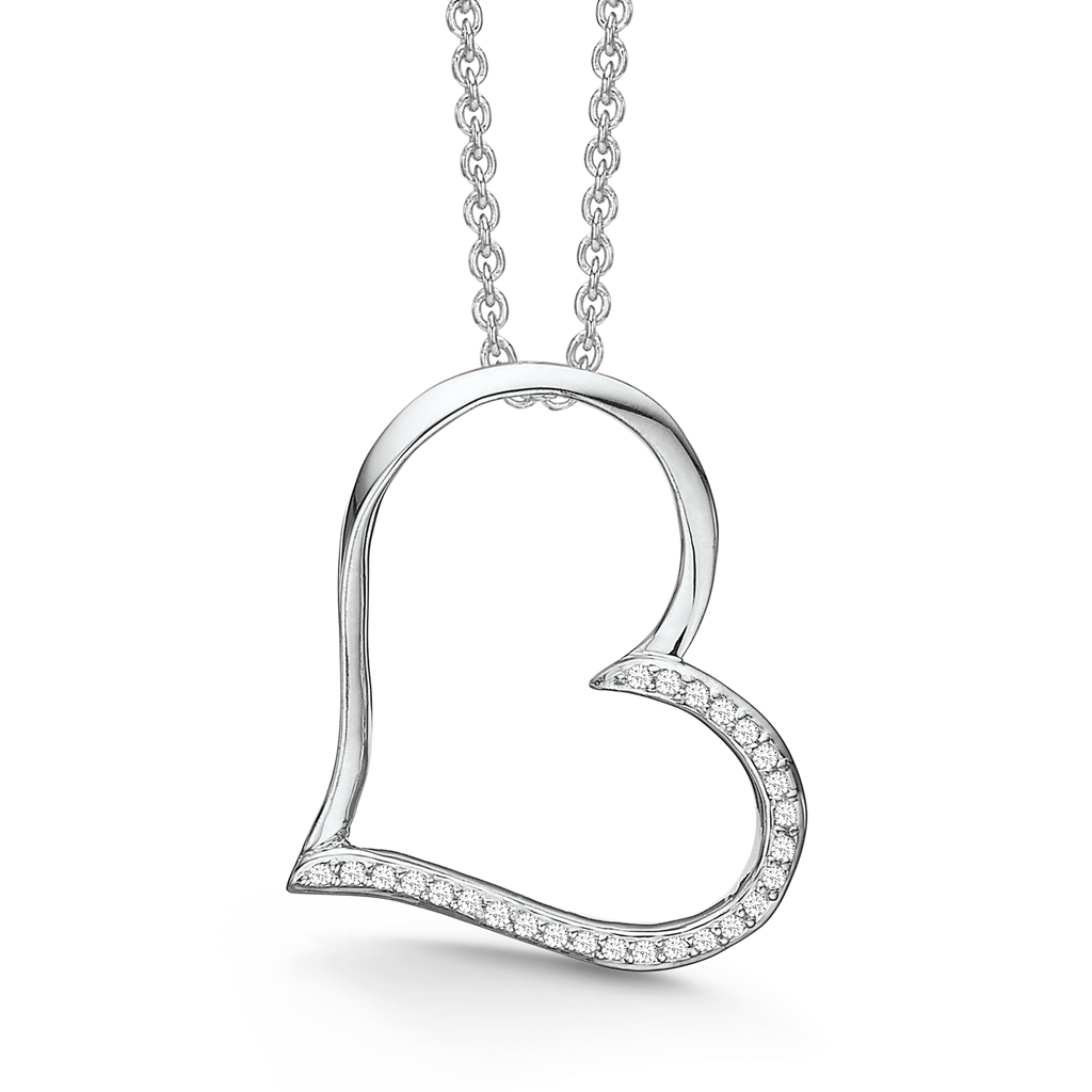 Sølv halskæde rhodineret skæv hjerte med syntetiske cubic zirconia i nederste kant. Kæden er længde 42-45 cm.