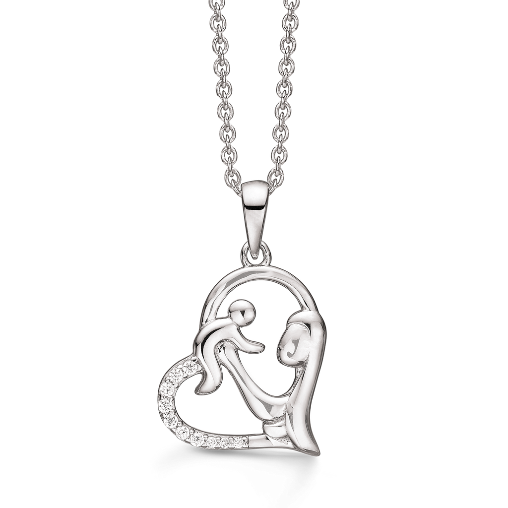 Sølv halskæde rhodineret Hjerte med mor og barn. Venstre side med syntetisk cubic zirconia  Kæden er rhodineret sølv i længde 42-45 cm.