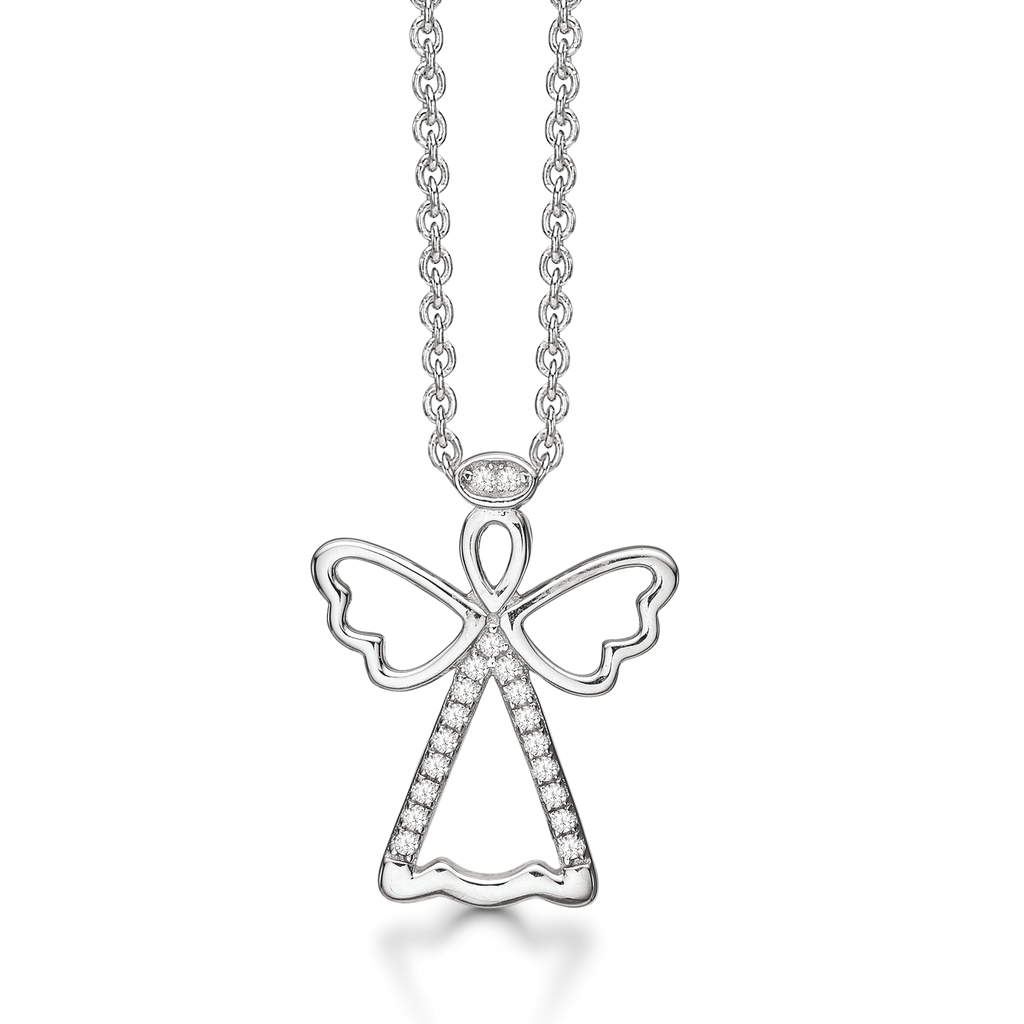 Sølv halskæde rhodineret engel med syntetiske cubic zirconia.  Kæden er længde 42-45 cm.