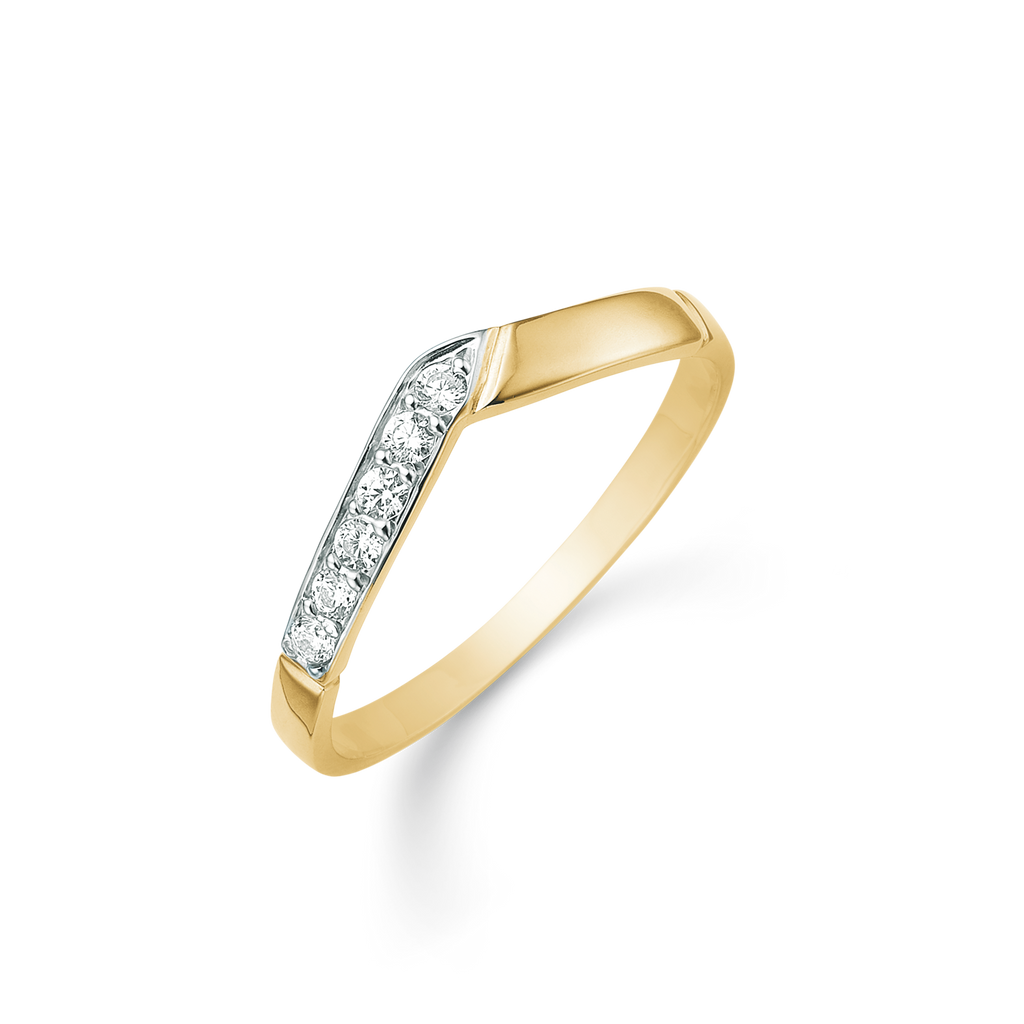 8 kt. guld ring V med 6 syntetiske cubic zirconia i den ene side.